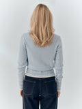 Betsy Jumper in Powder Blue cashmere, worn with dark denim, back.