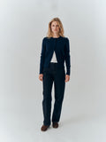 Emma Cardigan in Navy cashmere, full-length view worn open with dark jeans