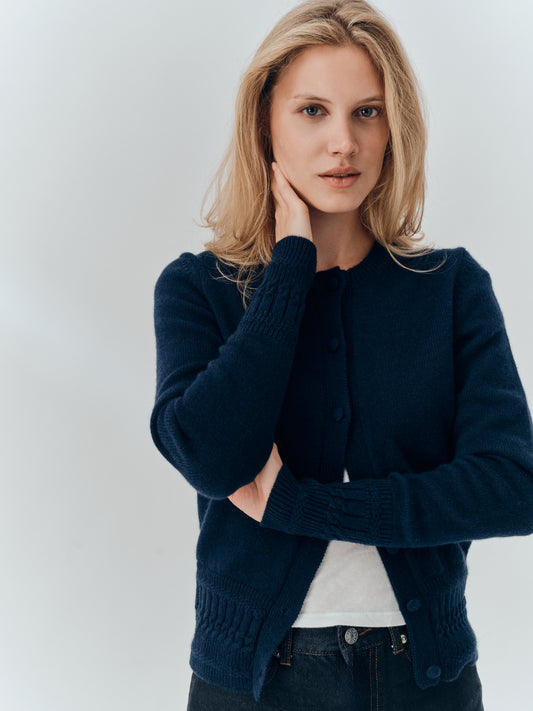 Emma Cardigan in Navy cashmere, showing the textured cuff and hem