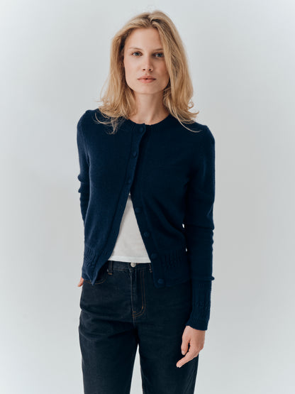 Emma Cardigan in Navy cashmere, worn open over a white tee with black jeans
