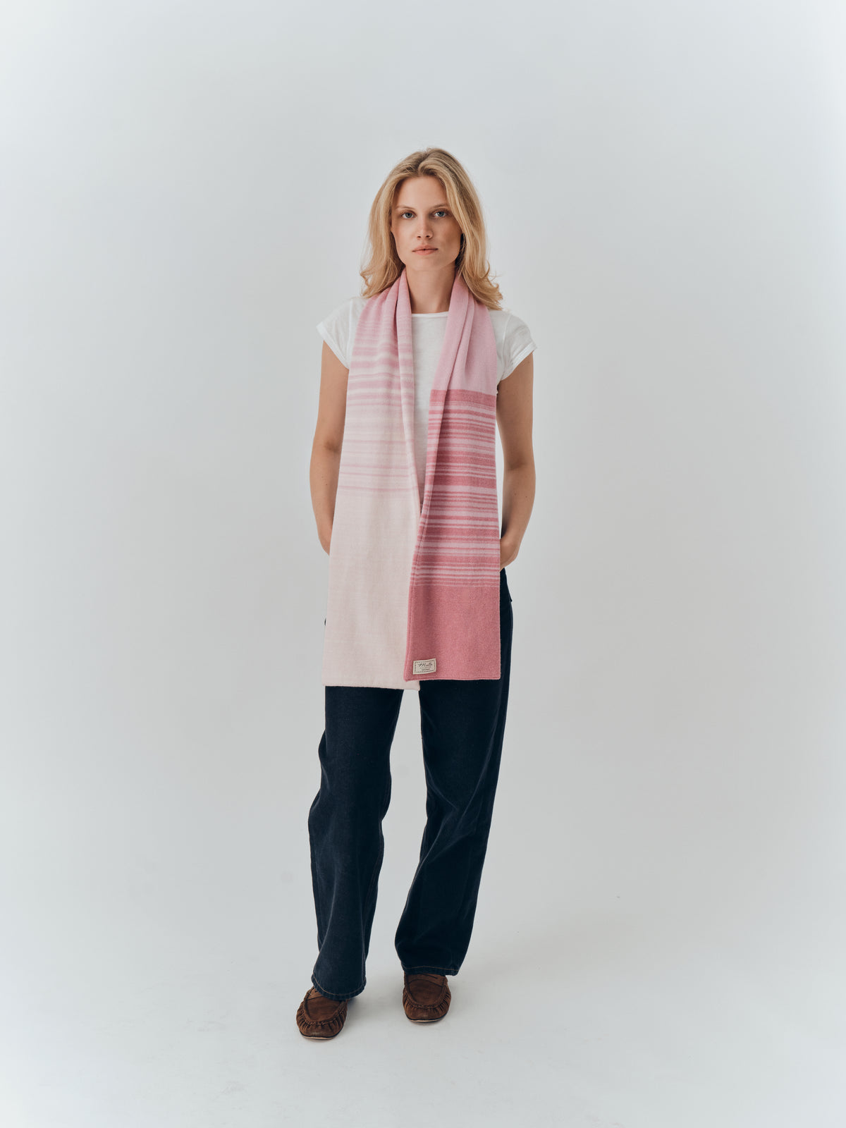 Gradient Scarf in Blossom worn full length, showing the graduation from blush to deep rose