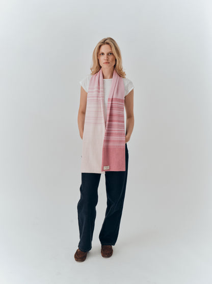 Gradient Scarf in Blossom worn full length, showing the graduation from blush to deep rose
