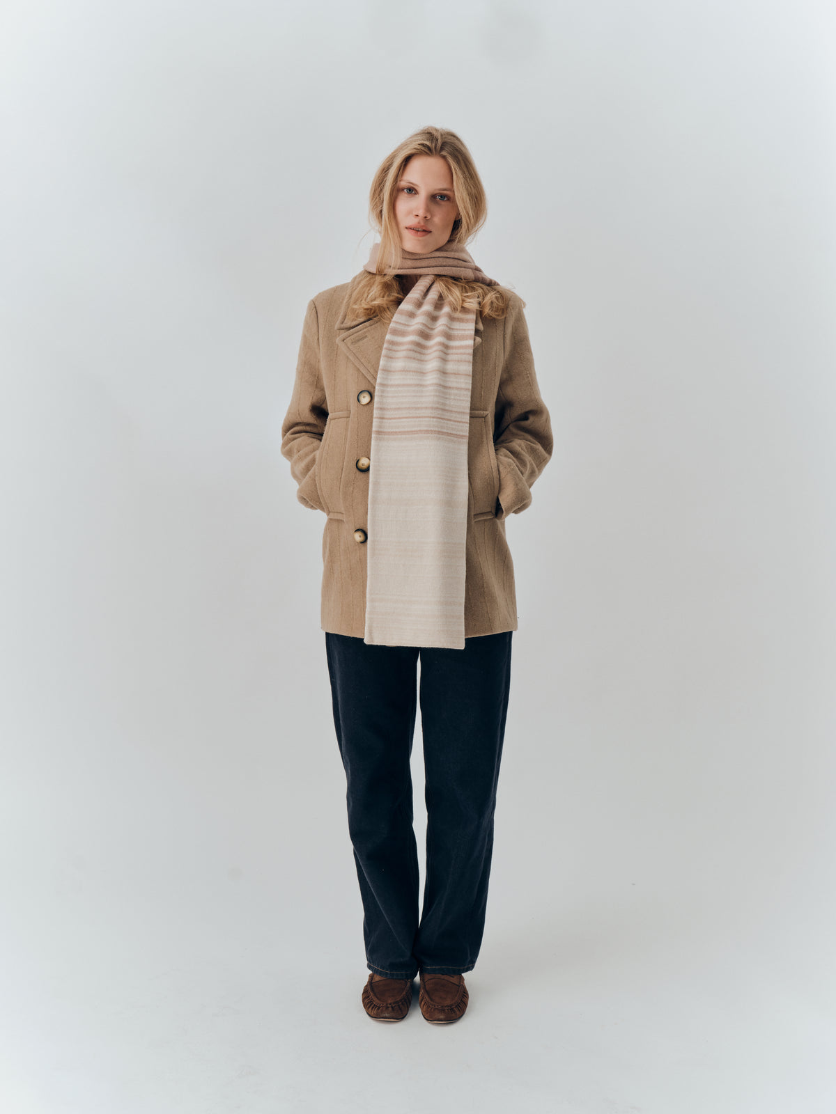 Gradient Scarf in Sandstorm worn with a camel wool coat
