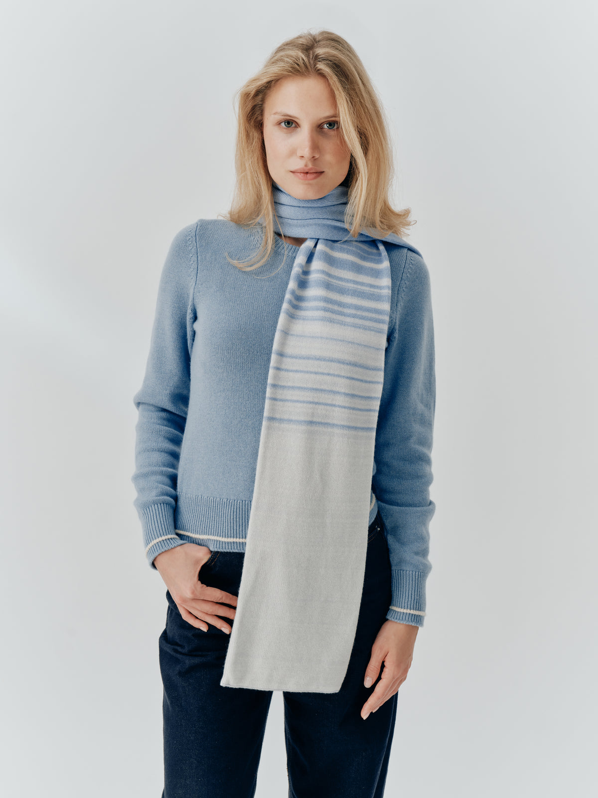 Gradient Scarf in Skyline worn with the Aria Jumper in Sky Blue