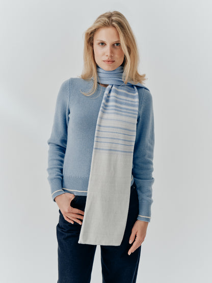 Gradient Scarf in Skyline worn with the Aria Jumper in Sky Blue