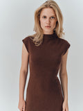Lenna Dress in Chocolate cashmere, showing the mock neck and shaped waist seams