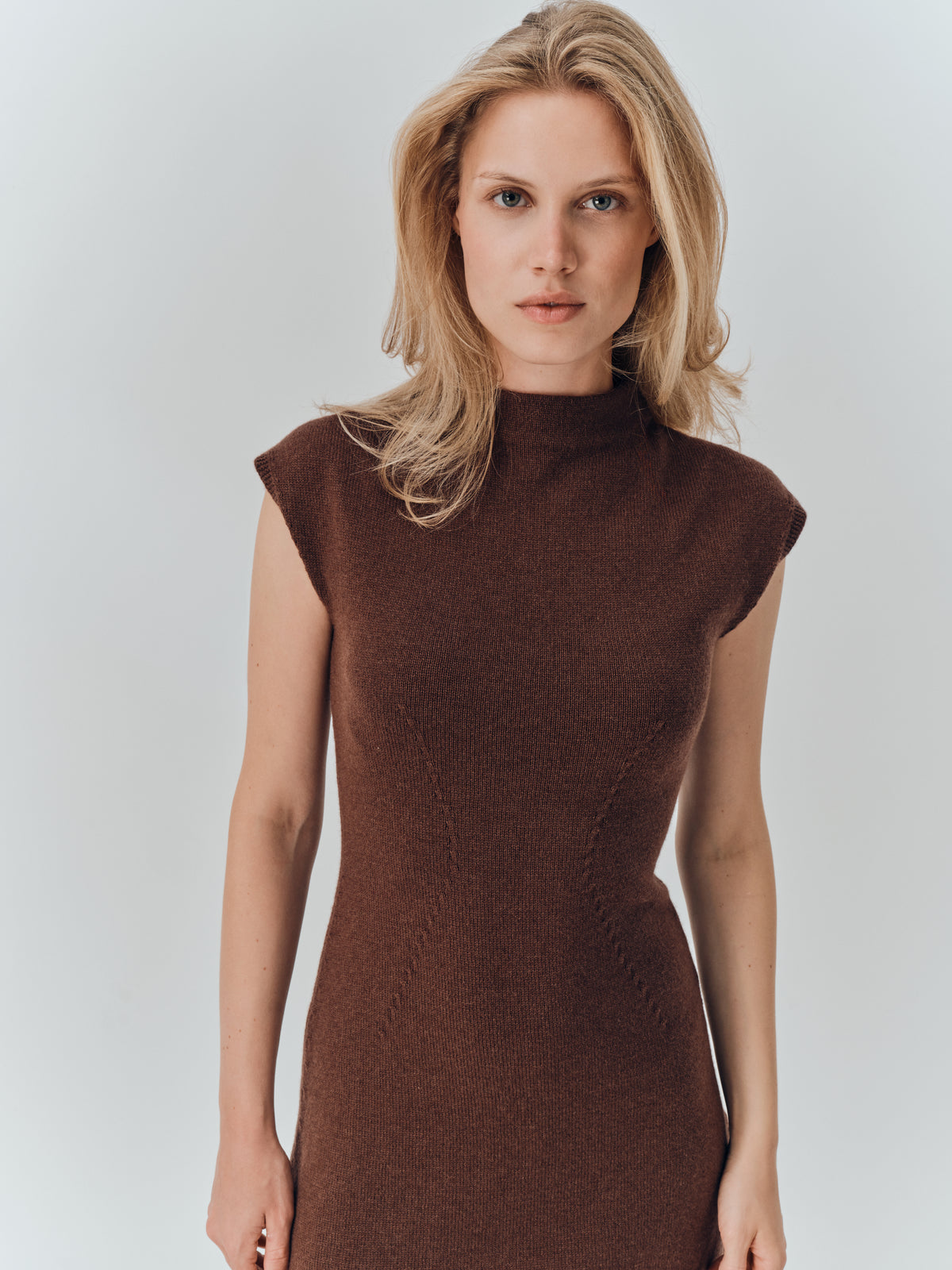 Lenna Dress in Chocolate cashmere, showing the mock neck and shaped waist seams