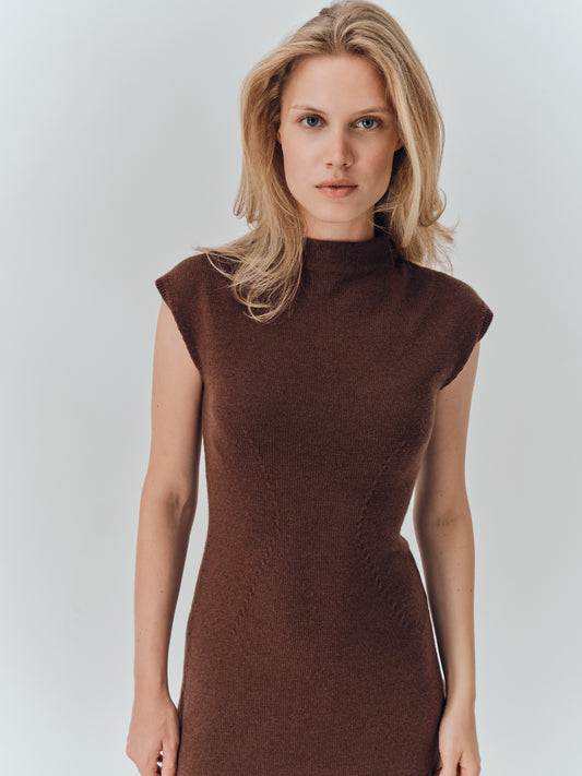 Lenna Dress in Chocolate cashmere, showing the mock neck and shaped waist seams