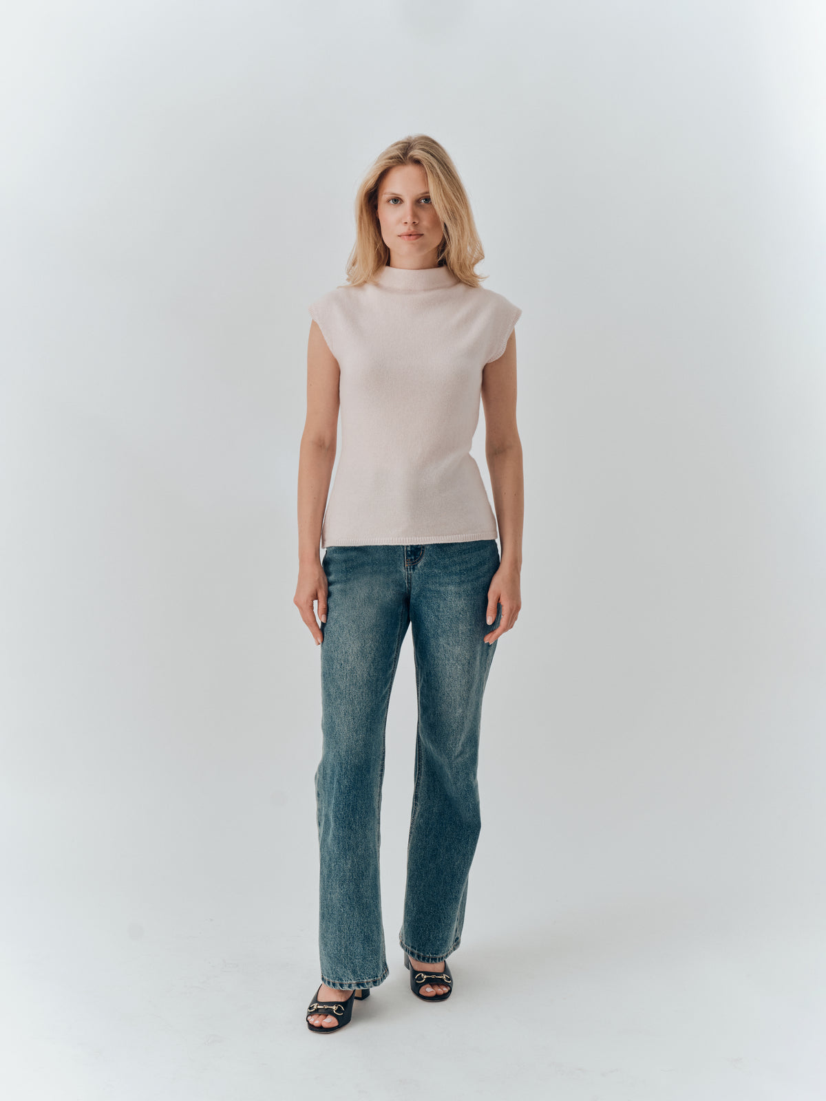 Thalia Top in Blush cashmere, full-length view worn with jeans