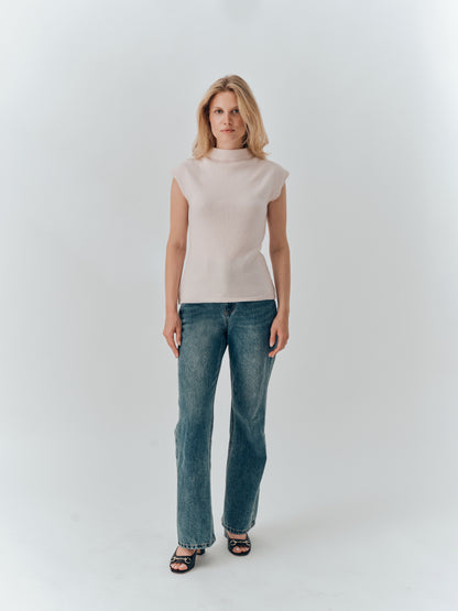 Thalia Top in Blush cashmere, full-length view worn with jeans